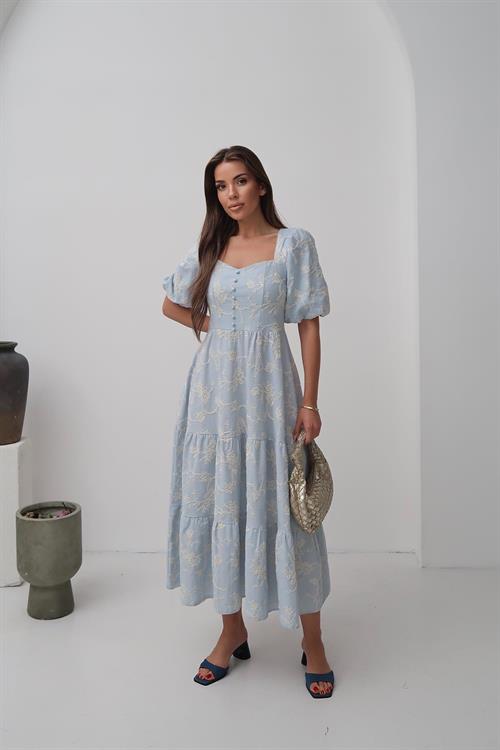 Toptan Bebe Mavi Süs Düğmeli Balon Kollu Elbise