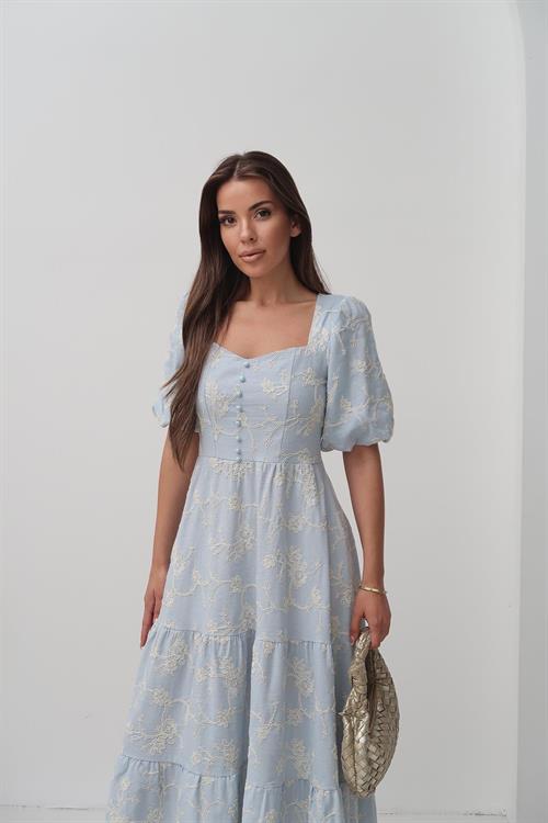 Toptan Bebe Mavi Süs Düğmeli Balon Kollu Elbise