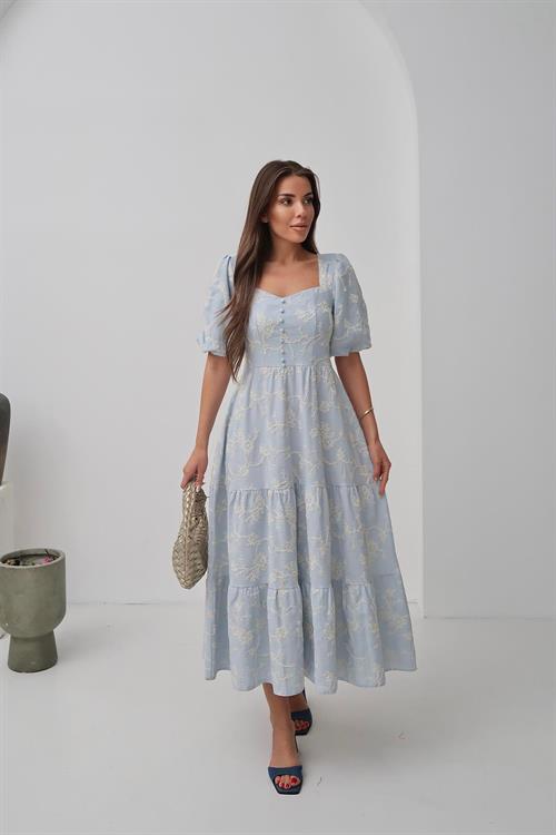 Toptan Bebe Mavi Süs Düğmeli Balon Kollu Elbise