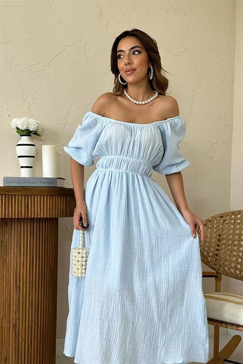 Toptan Bebe Mavi Yakası Büzgülü Müslin Keten Elbise