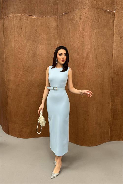 Wholesale Baby Blue Sleeveless Dress with Belt