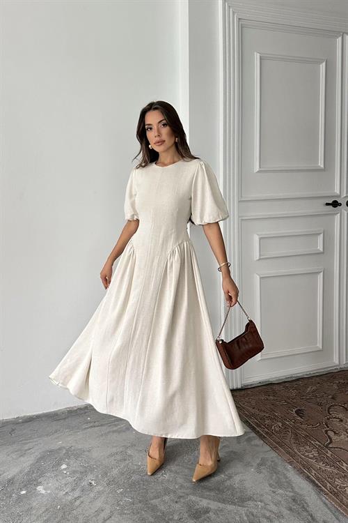 Wholesale Beige Balloon-Sleeve Linen Dress