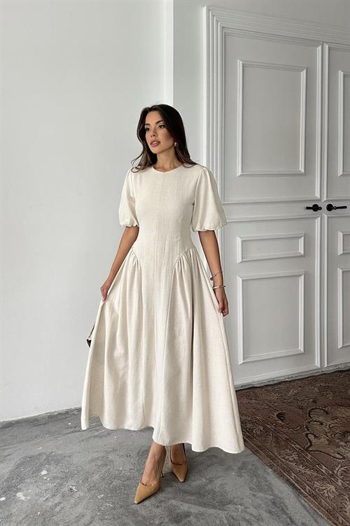 Wholesale Beige Balloon-Sleeve Linen Dress