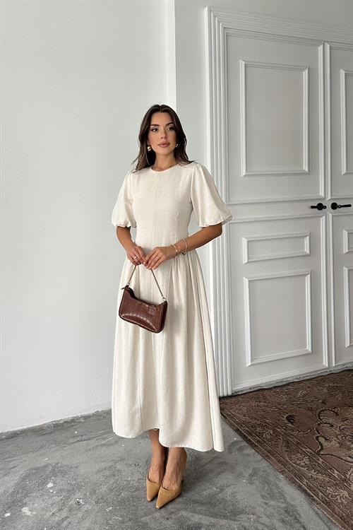Wholesale Beige Balloon-Sleeve Linen Dress
