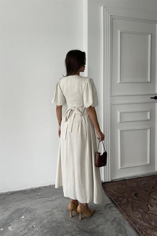 Wholesale Beige Balloon-Sleeve Linen Dress
