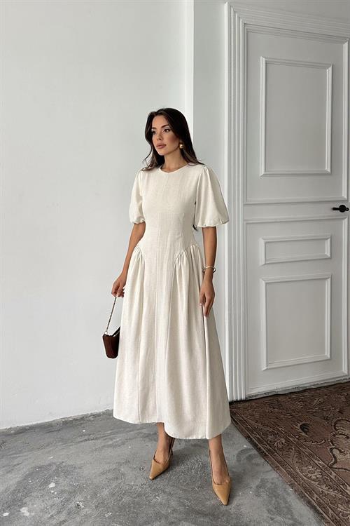 Wholesale Beige Balloon-Sleeve Linen Dress