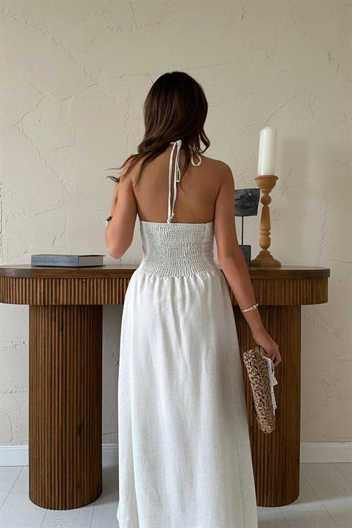 Toptan Bej Arkası Gipeli Keten Elbise