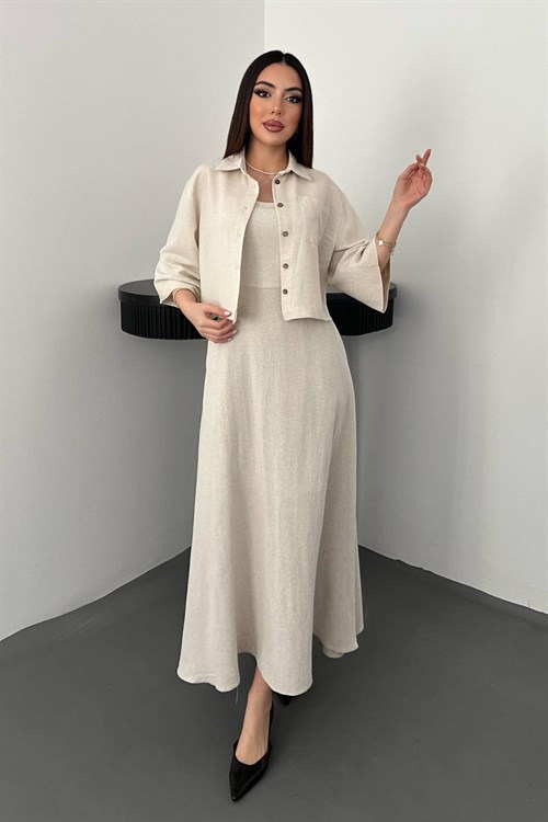 Wholesale Beige Cropped Shirt and Strappy Dress Set