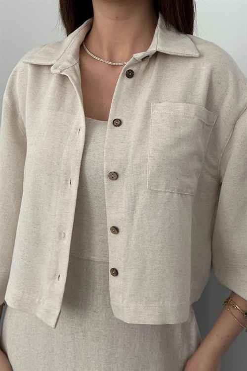 Wholesale Beige Cropped Shirt and Strappy Dress Set