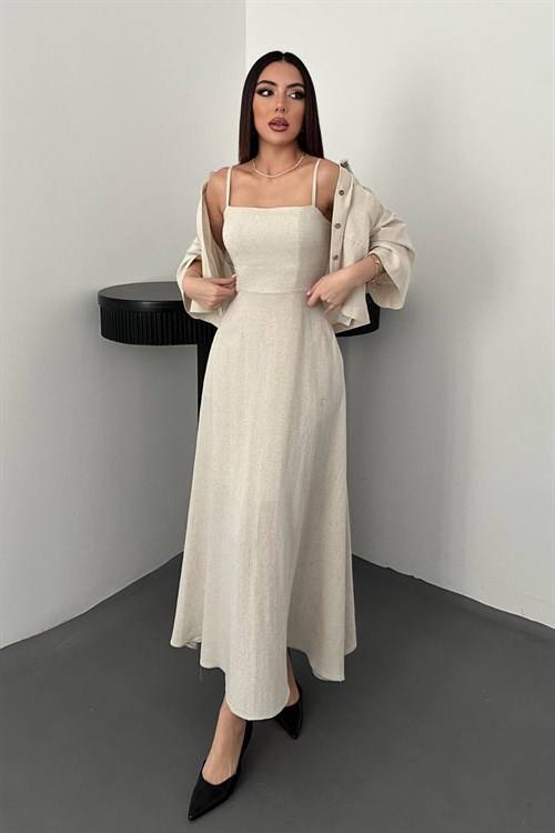 Wholesale Beige Cropped Shirt and Strappy Dress Set