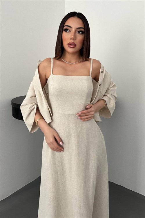 Wholesale Beige Cropped Shirt and Strappy Dress Set