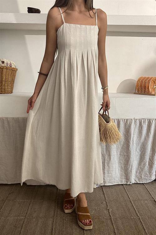 Toptan Bej Askılı Pileli Keten Elbise