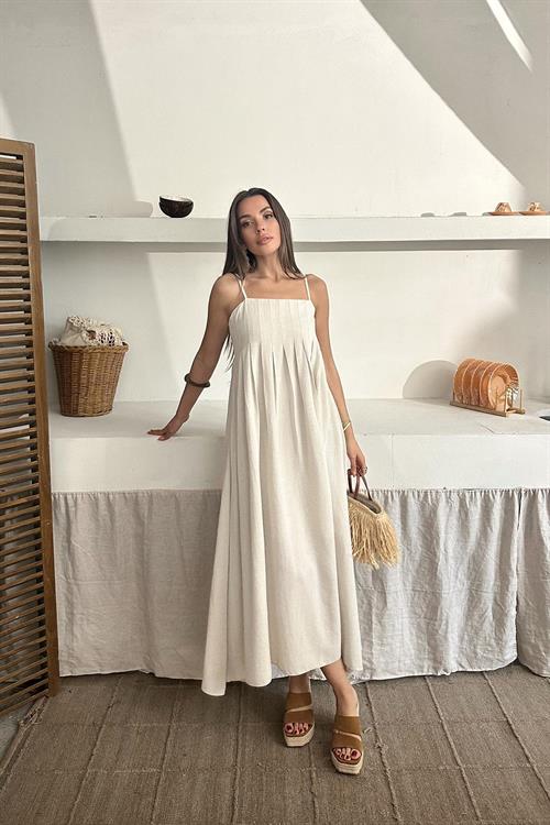 Toptan Bej Askılı Pileli Keten Elbise