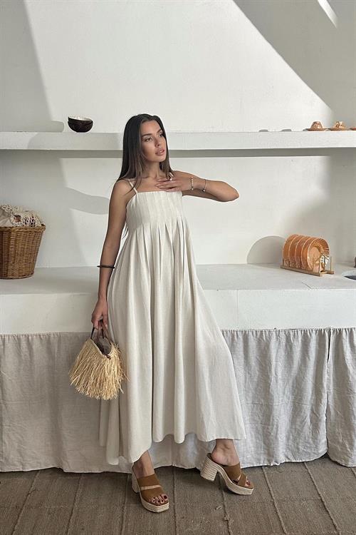 Toptan Bej Askılı Pileli Keten Elbise