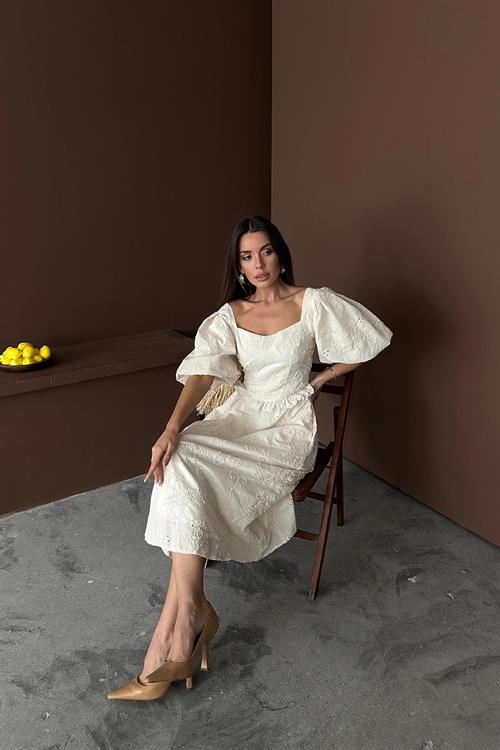 Toptan Bej Balon Kollu Dantelli Brode Elbise