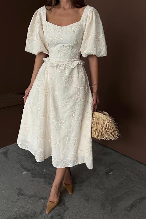 Toptan Bej Balon Kollu Dantelli Brode Elbise