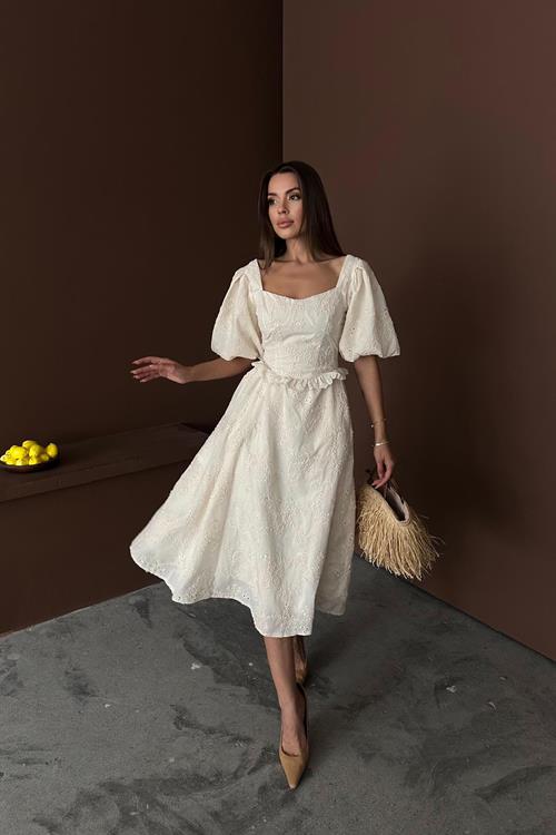 Toptan Bej Balon Kollu Dantelli Brode Elbise