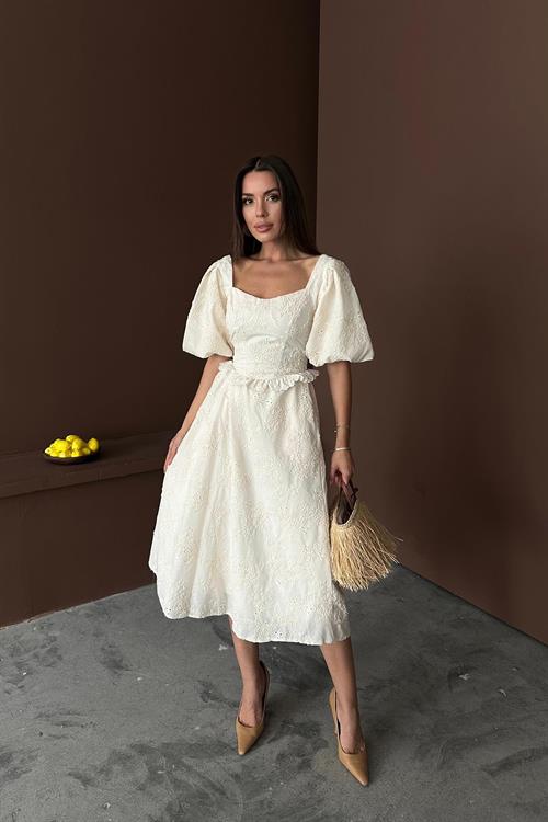 Toptan Bej Balon Kollu Dantelli Brode Elbise