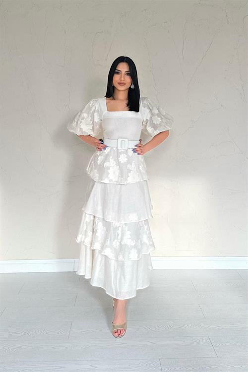 Toptan Bej Balon Kollu Kat Kat Elbise