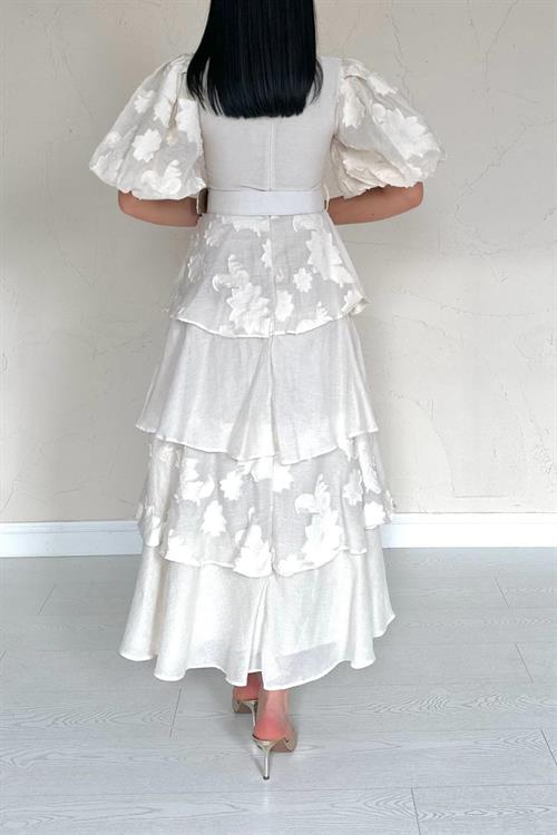 Toptan Bej Balon Kollu Kat Kat Elbise