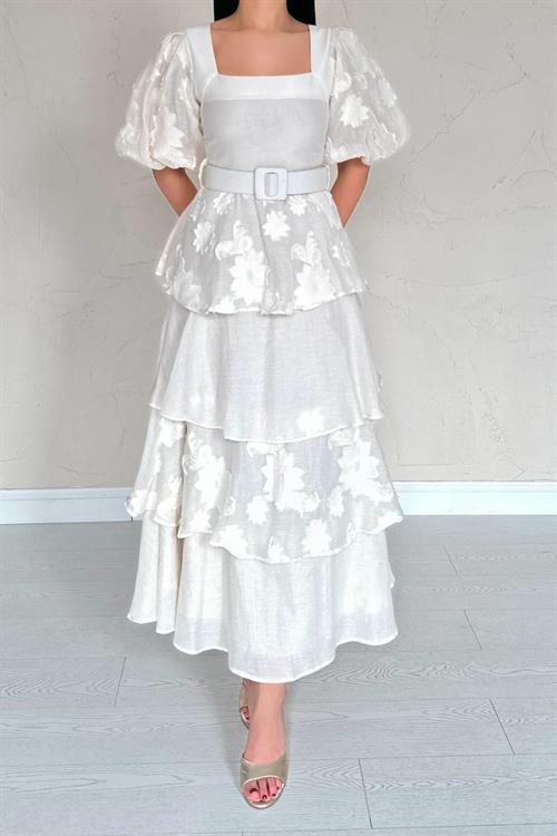 Toptan Bej Balon Kollu Kat Kat Elbise