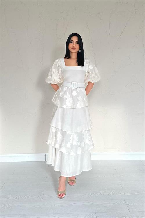 Toptan Bej Balon Kollu Kat Kat Elbise