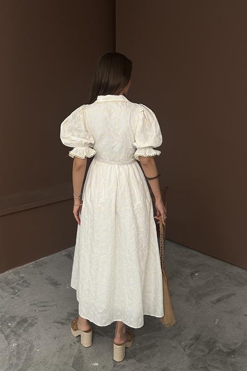 Wholesale Beige Baby Collar Balloon Sleeve Embroidered Dress