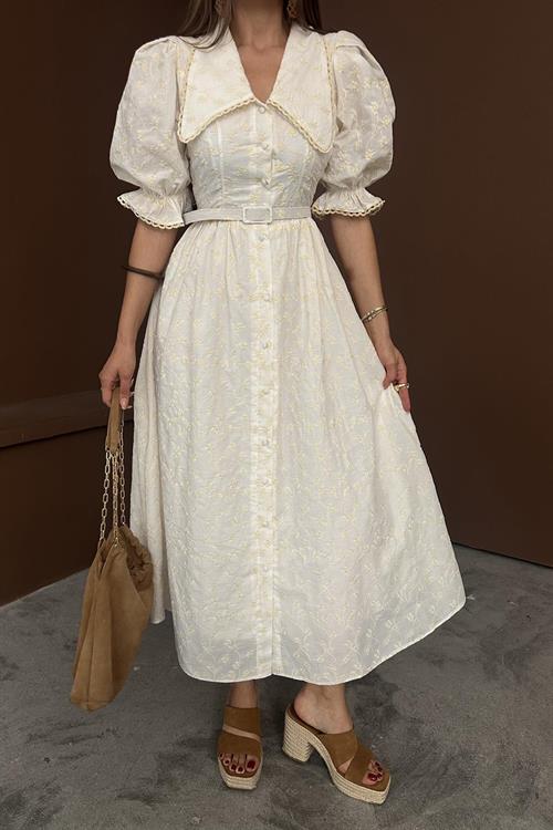 Wholesale Beige Baby Collar Balloon Sleeve Embroidered Dress