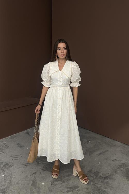 Wholesale Beige Baby Collar Balloon Sleeve Embroidered Dress