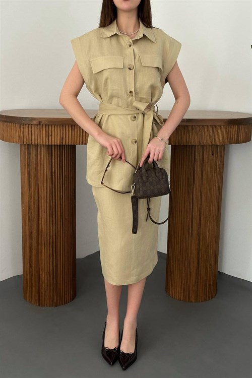 Toptan Bej Cepli Gömlek Ve Etek Takım