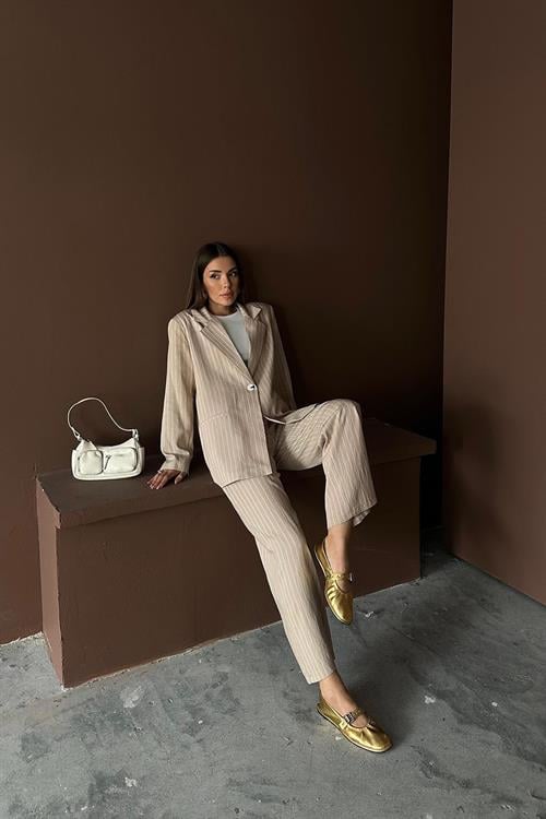 Wholesale Beige Striped Jacket and Trousers Suit