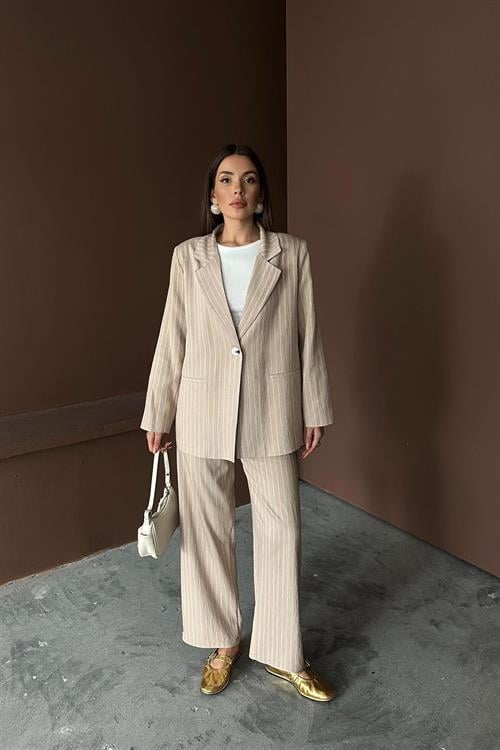 Wholesale Beige Striped Jacket and Trousers Suit