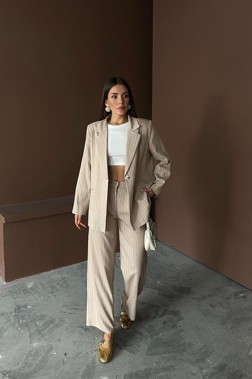 Wholesale Beige Striped Jacket and Trousers Suit