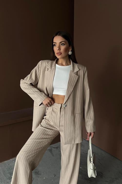 Wholesale Beige Striped Jacket and Trousers Suit