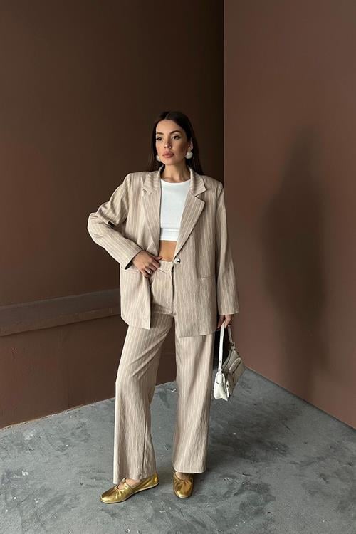 Wholesale Beige Striped Jacket and Trousers Suit