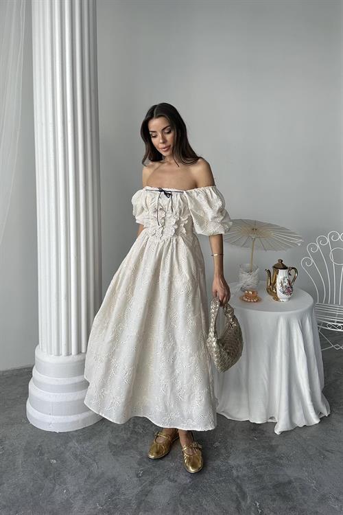 Toptan Bej Dantel Detaylı Brode Elbise