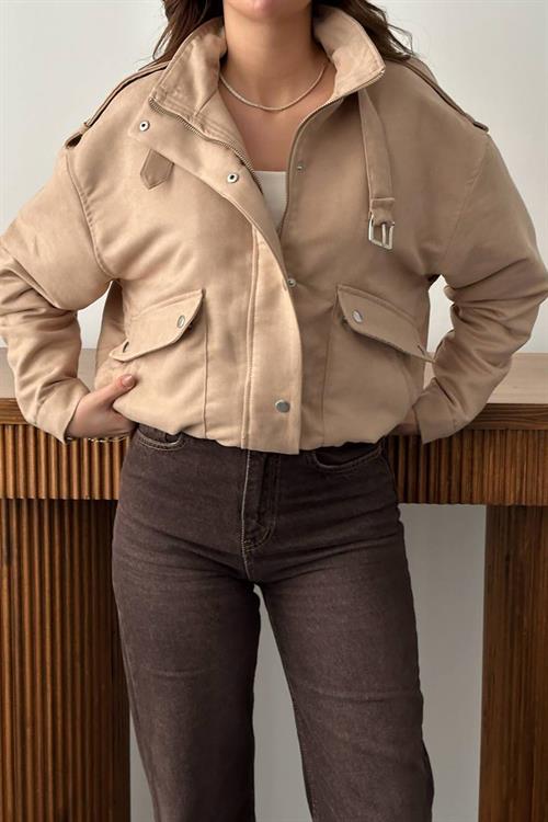 Wholesale Beige Stand-Collar Short Jacket