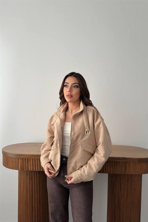 Wholesale Beige Stand-Collar Short Jacket