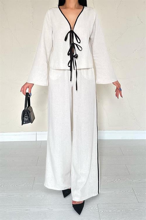 Toptan Bej Fiyonklu Keten Takım