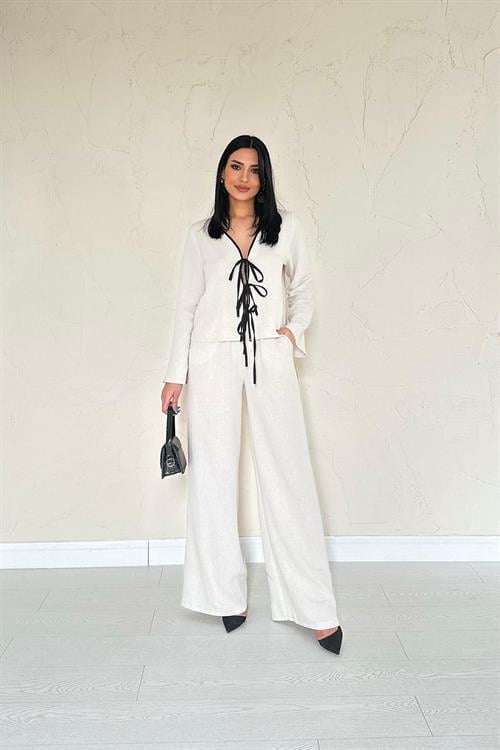 Toptan Bej Fiyonklu Keten Takım