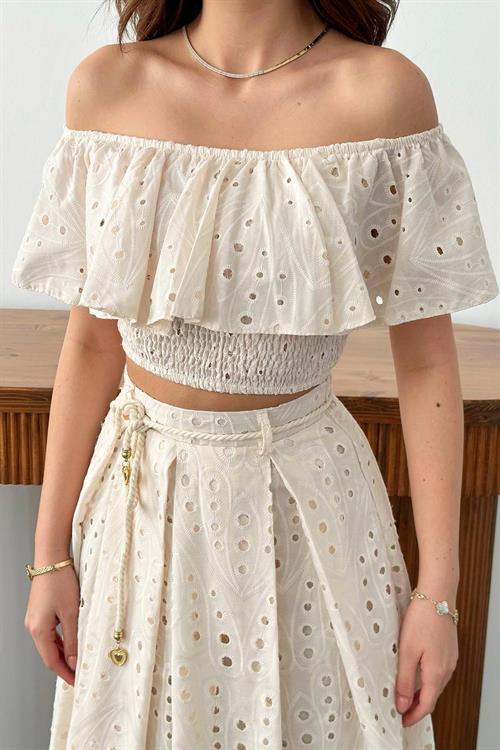 Toptan Bej Gipeli Bluz Etek Takım