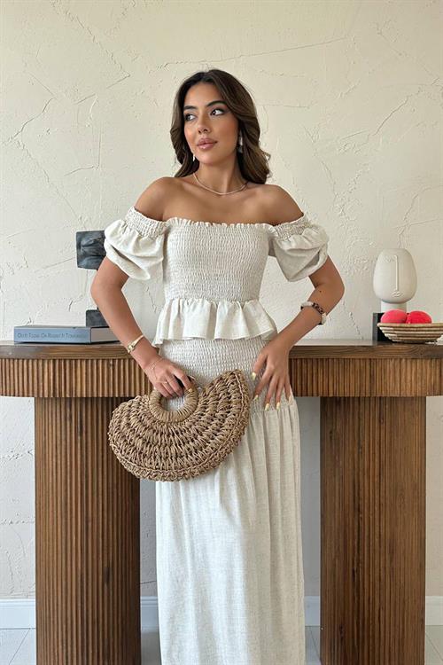 Wholesale Beige Smocked Linen Set