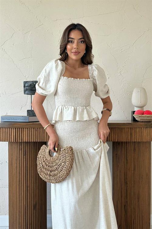 Wholesale Beige Smocked Linen Set