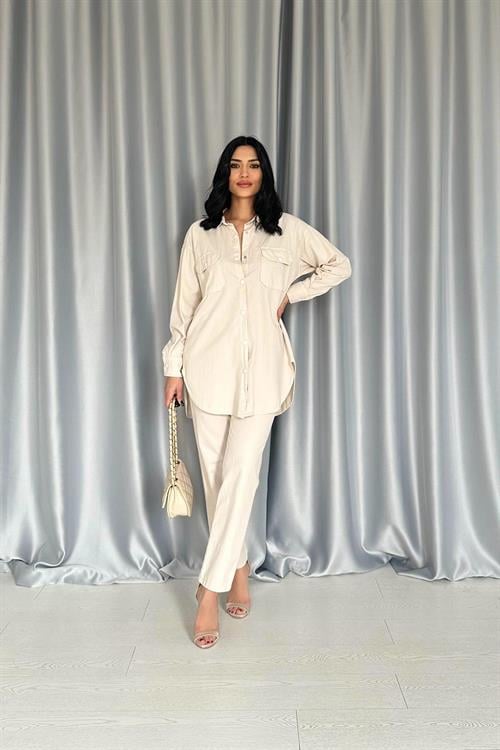 Wholesale Beige Shirt and Trousers Suit with Studs