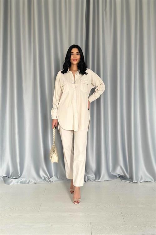 Wholesale Beige Shirt and Trousers Suit with Studs