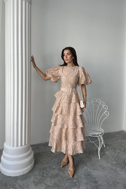 Wholesale Beige Layered Balloon Sleeve Belted Dress