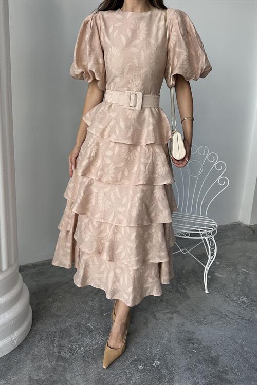 Wholesale Beige Layered Balloon Sleeve Belted Dress