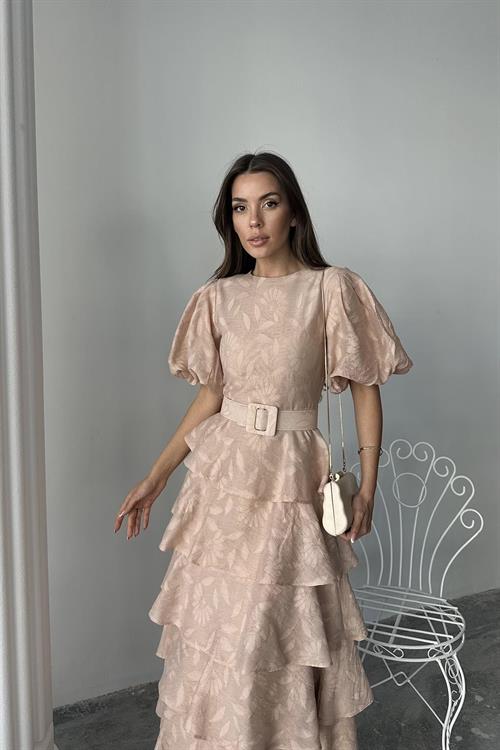 Wholesale Beige Layered Balloon Sleeve Belted Dress
