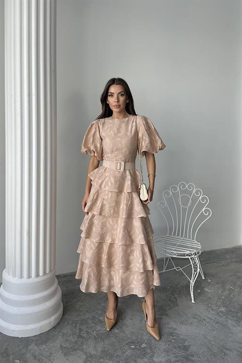 Wholesale Beige Layered Balloon Sleeve Belted Dress