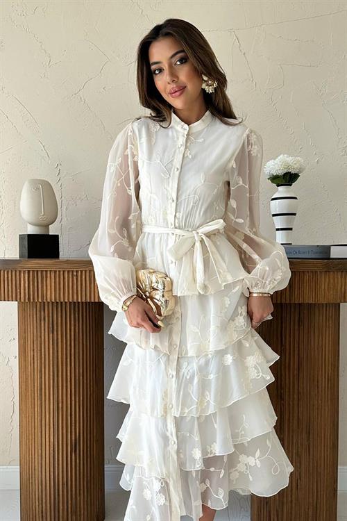 Toptan Bej Kat Kat Kuşaklı Elbise